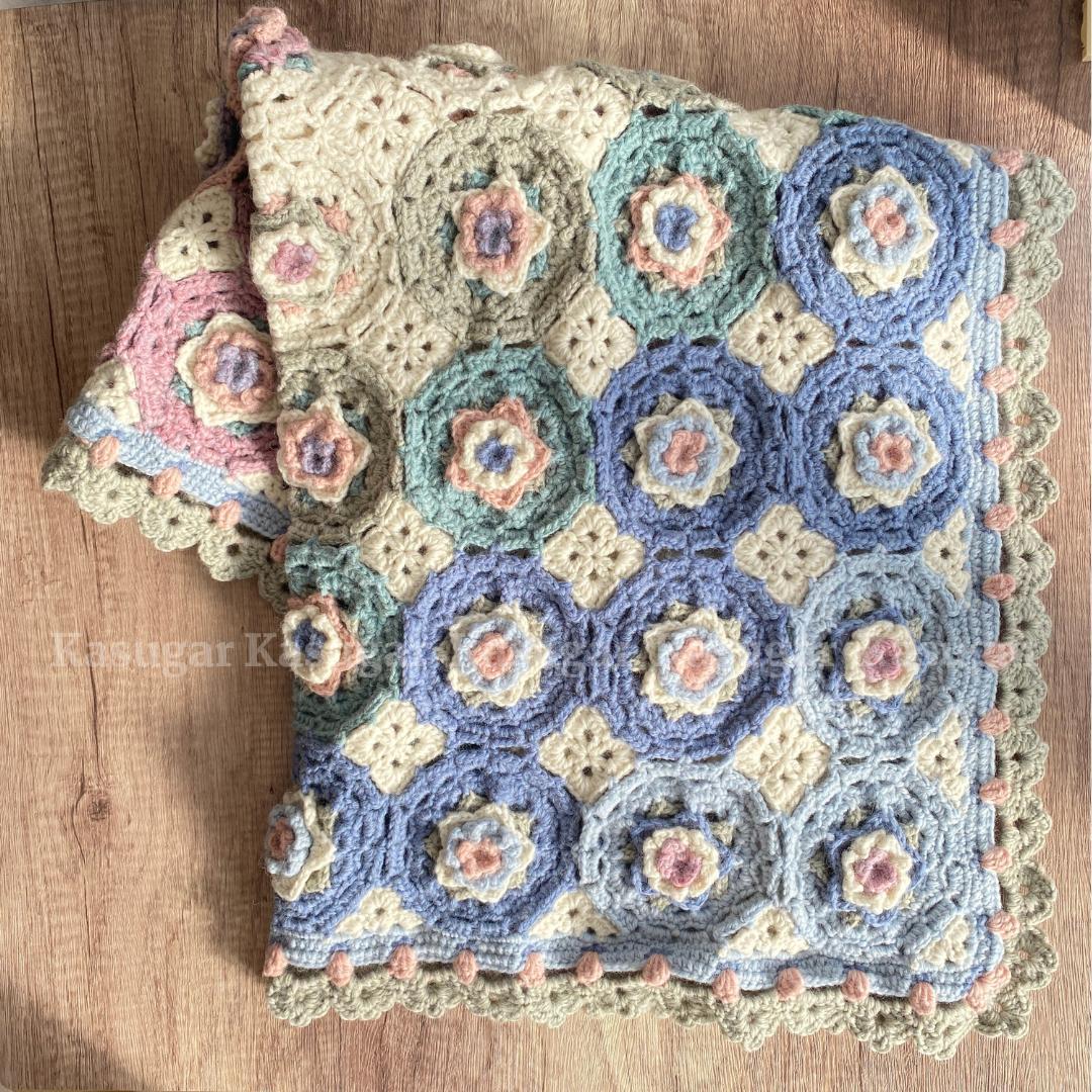 Roselle モチーフ かぎ針 編み マルチカバー ひざかけ こたつカバー