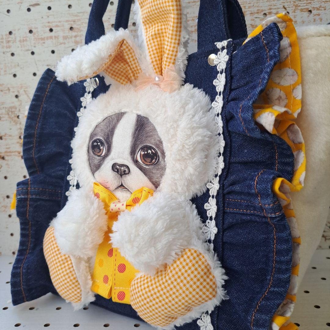 琉*茶様 コヤンイサムチョン　バニー　デニムリメイクフリルトートバッグ