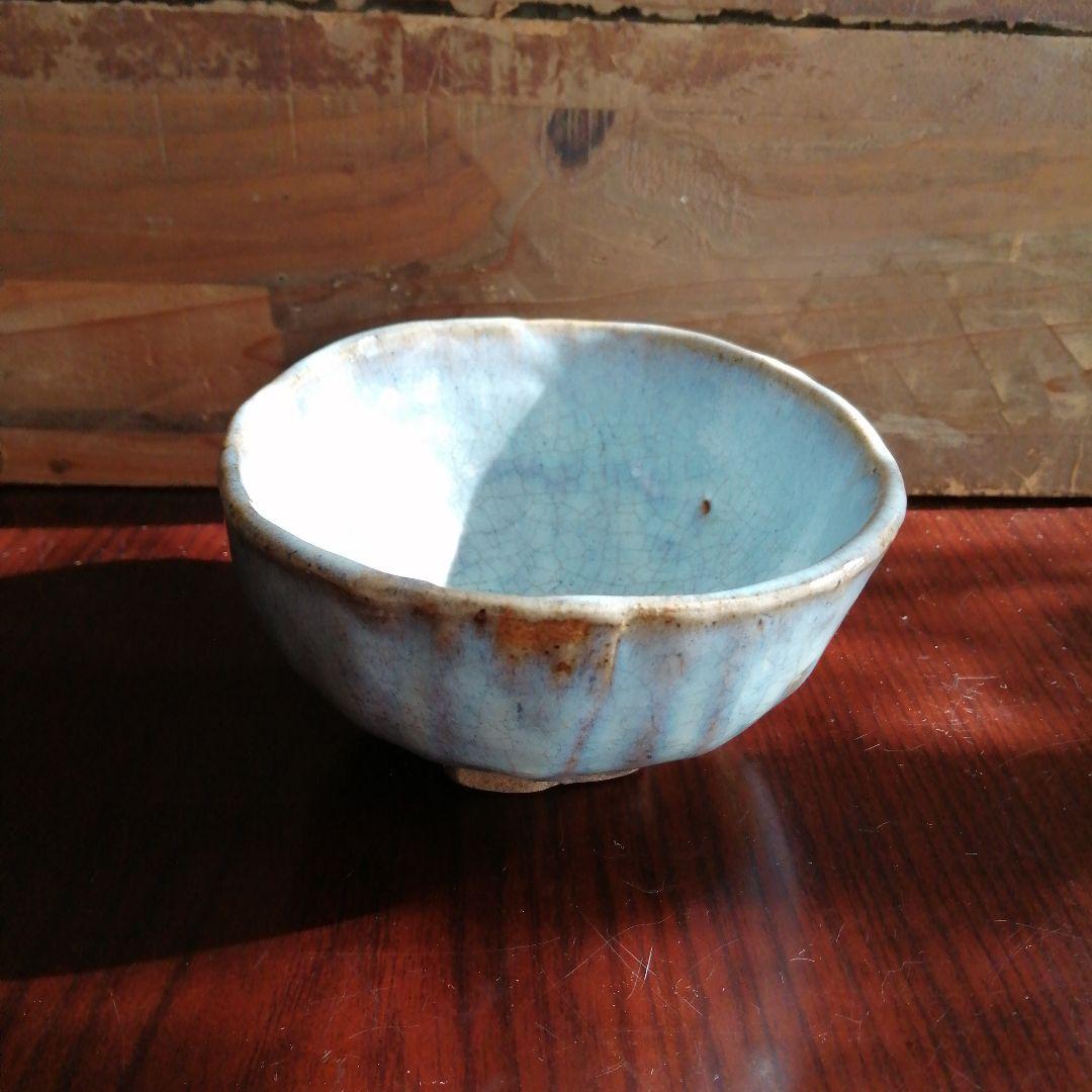 瀬戸焼　加藤春岱　俵形碧釉茶碗　15cm　幕末～明治期