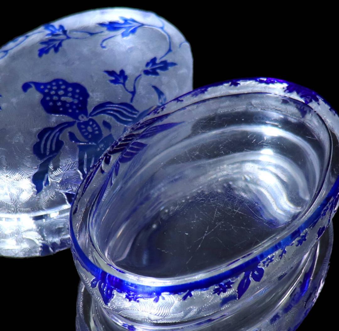 ヴァル・サン・ランベール 最高級 コバルトブルー被せ アシッドエッチング 蓋物