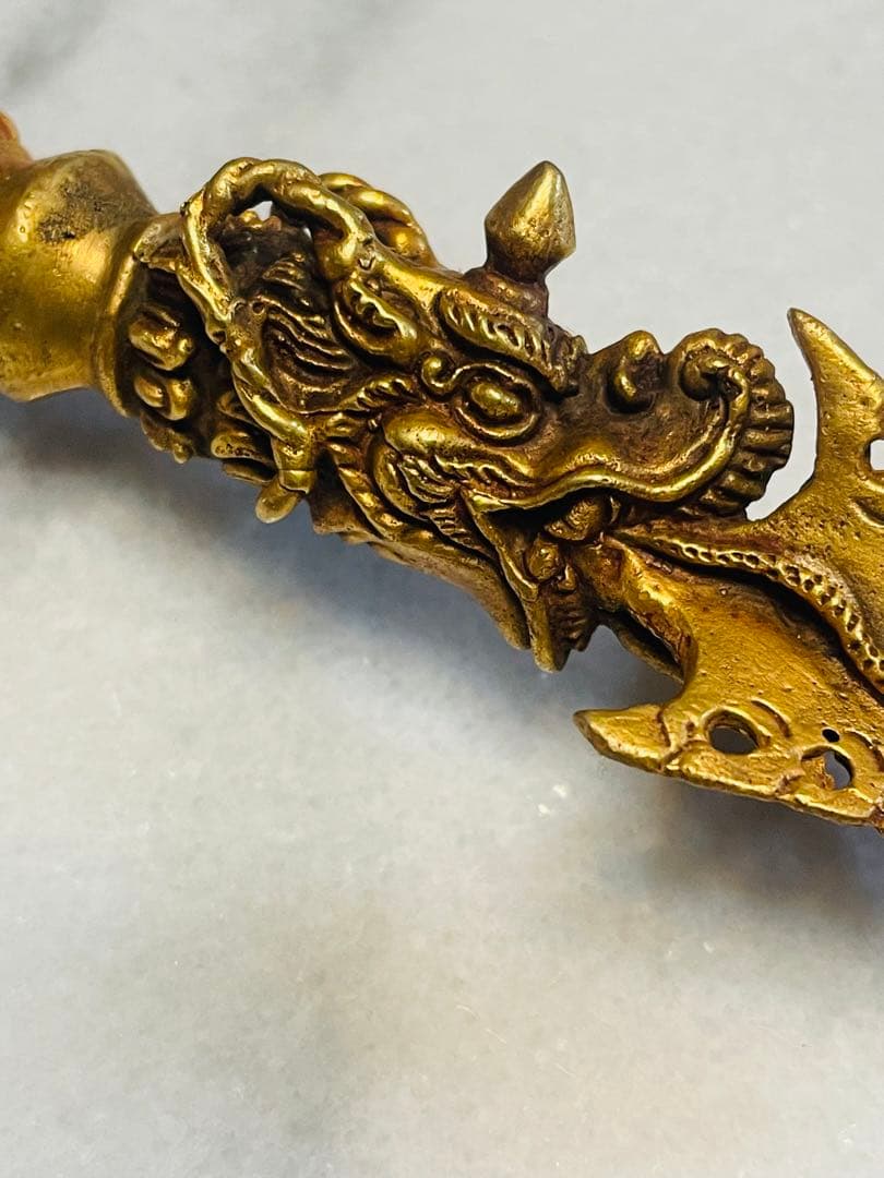 チベット密教 新品 プルパ 金メッキ　龍　金剛杵　約12センチ 594