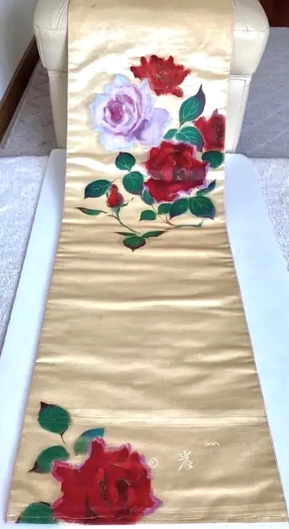 Antique Kimono 薔薇手描き 絵画的 圧倒的迫力 繻子正絹名古屋帯