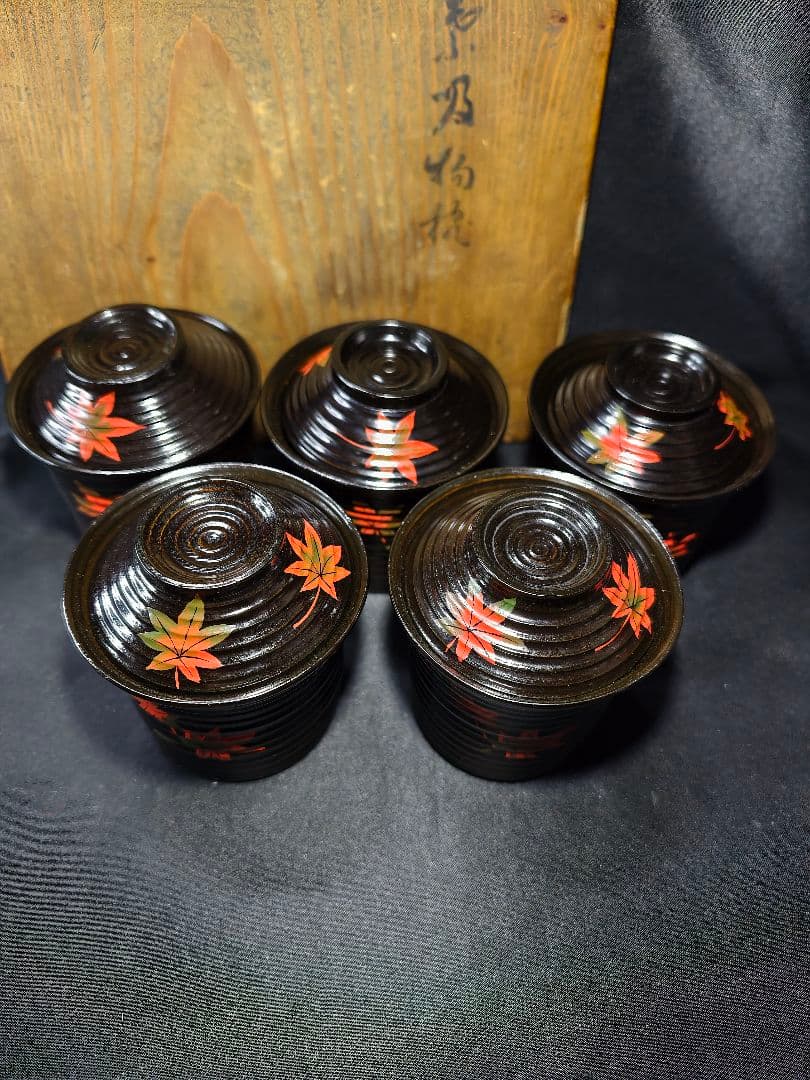 紅葉文吸い物椀 明治骨董 輪島塗 黒塗木製漆器 旧家蔵出し 蒐集家放出 時代物