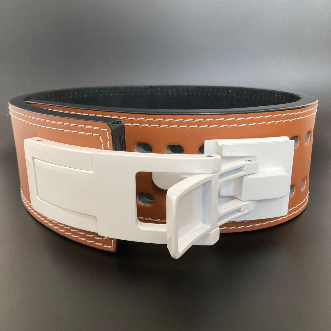 パワーベルト レバーアクション Mサイズ ワンタッチ可変式 本革 茶 バックル白