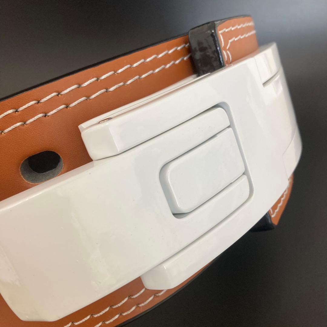 パワーベルト レバーアクション Mサイズ ワンタッチ可変式 本革 茶 バックル白