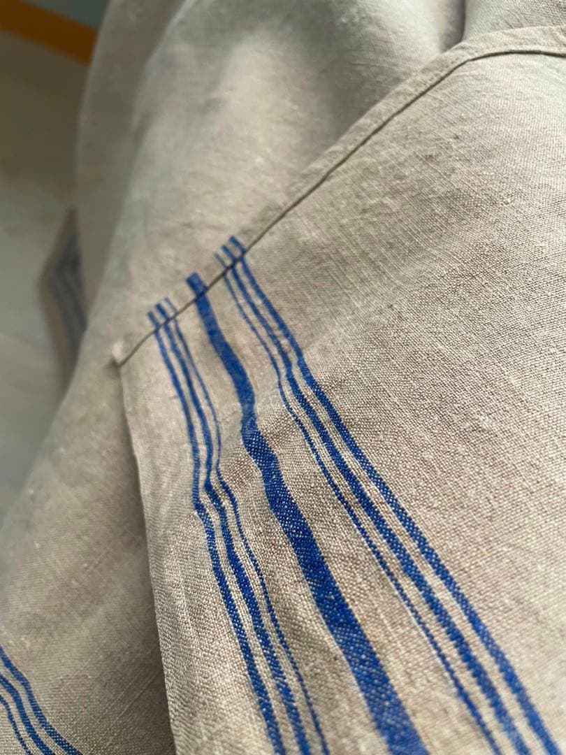 希少　フランスアンティークリネン　麻生地　クロス　綺麗ブルーライン　70×152