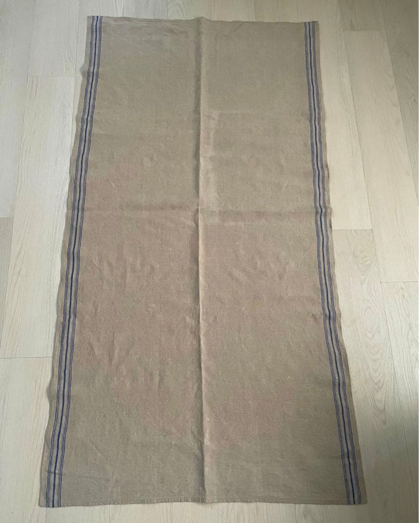 希少　フランスアンティークリネン　麻生地　クロス　綺麗ブルーライン　70×152