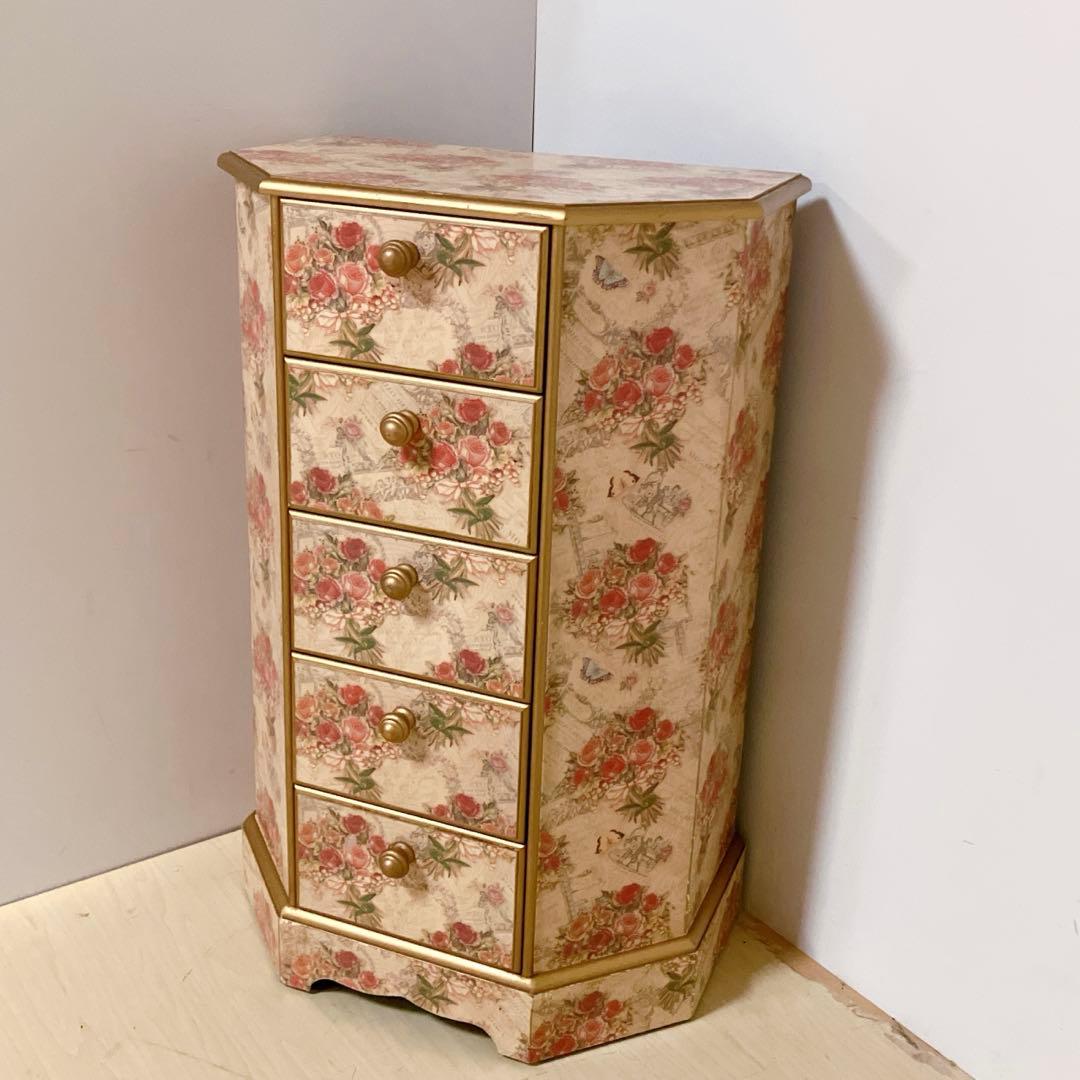 アンティーク調　5段チェスト　花柄　サイドチェスト　コンソール　飾り棚