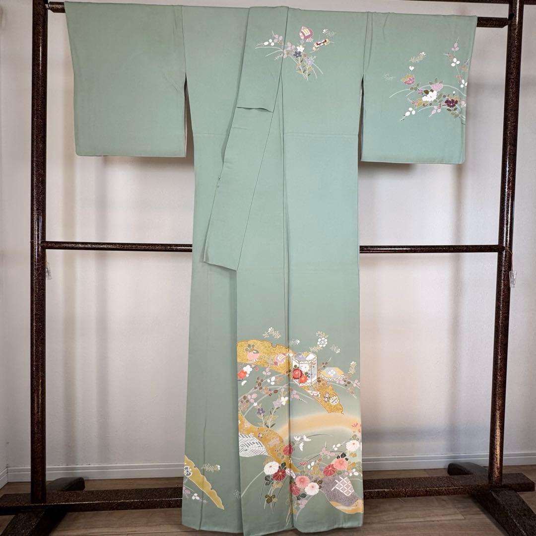 超美品　正絹　袷　訪問着　トールサイズ　春色　緑　裄長め　165裄69.5