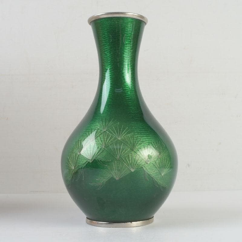 七宝焼　緑釉　松文　花瓶　共箱　V　9827