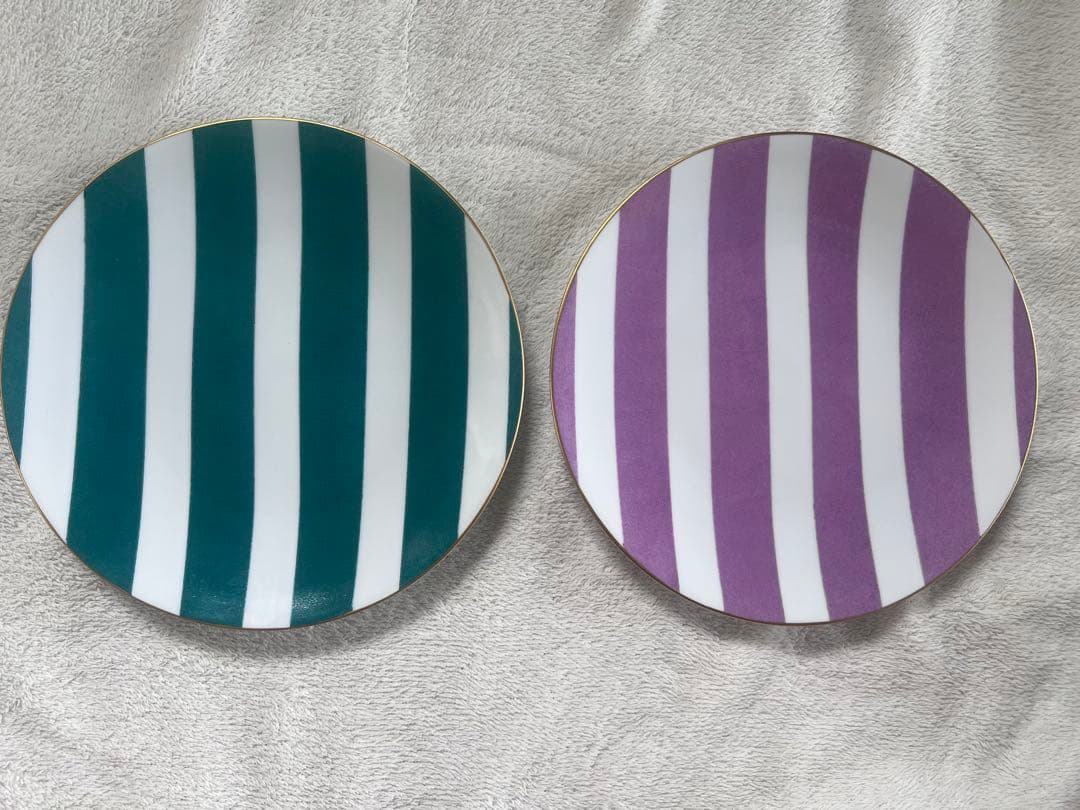 MarieDaageリモージュ　デザートプレート　グリーン　ホワイト　ストライプ