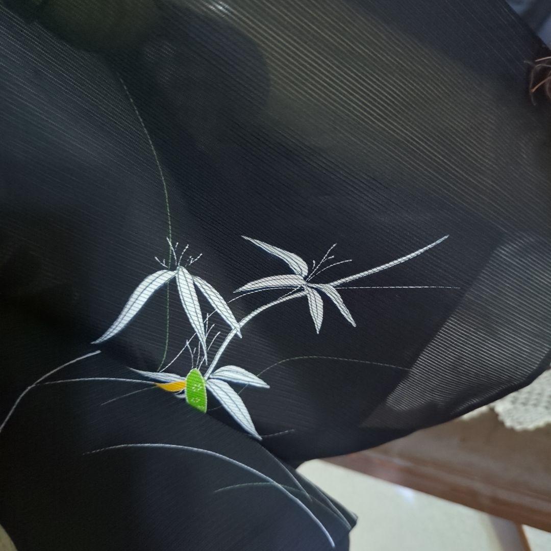 黒の地に清々しく描かれます笹竹が粋な絵模様を見せる洗える絽のお着物です
