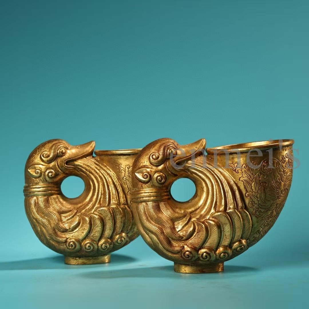中国古美術・旧蔵純銅製・鎏金鳳凰酒杯一対・ワイングラス・高浮彫・錾刻・酒具・置物