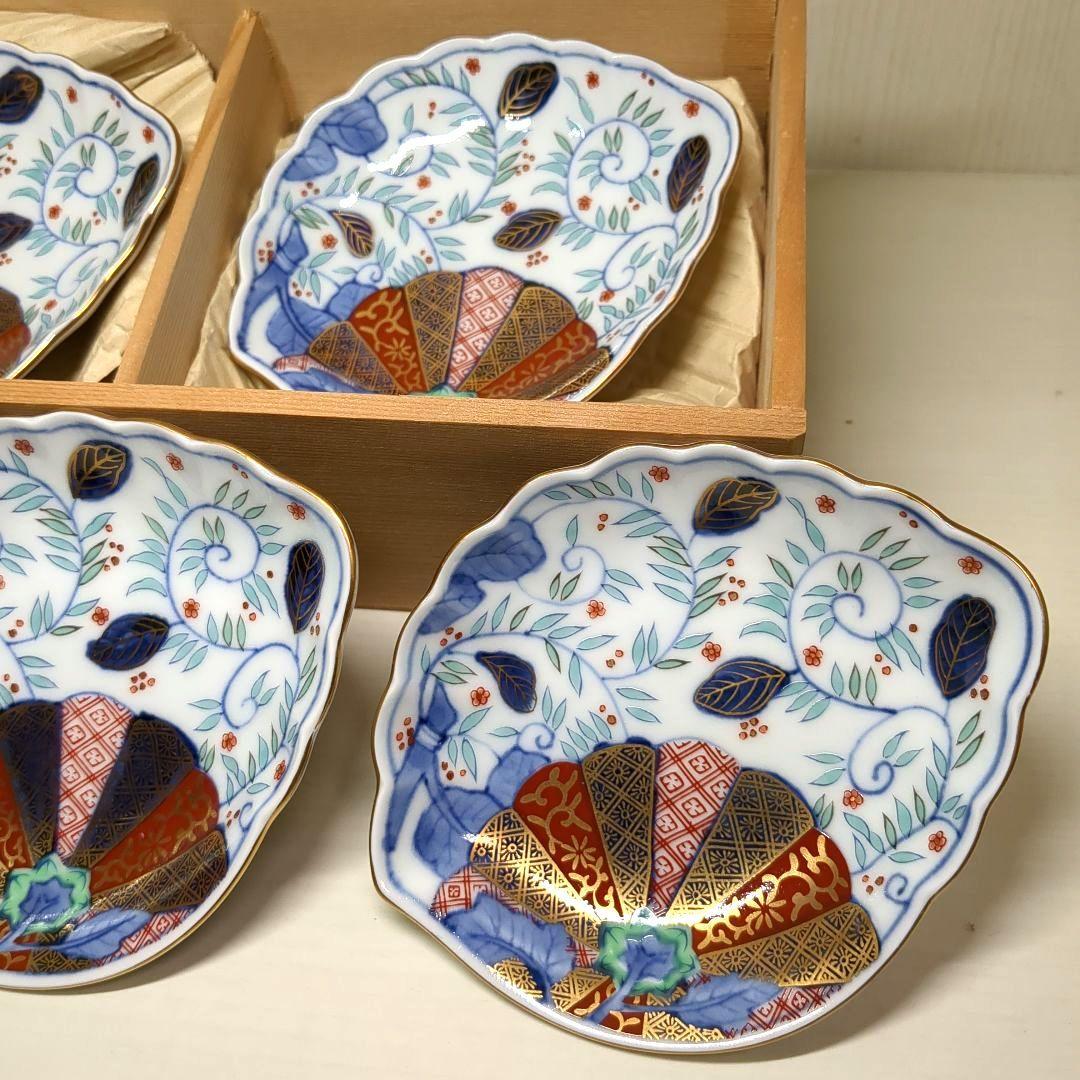 賞美堂　其泉窯　鮑型　金彩色絵菊花唐草紋　和皿揃　小皿揃　銘々皿５枚