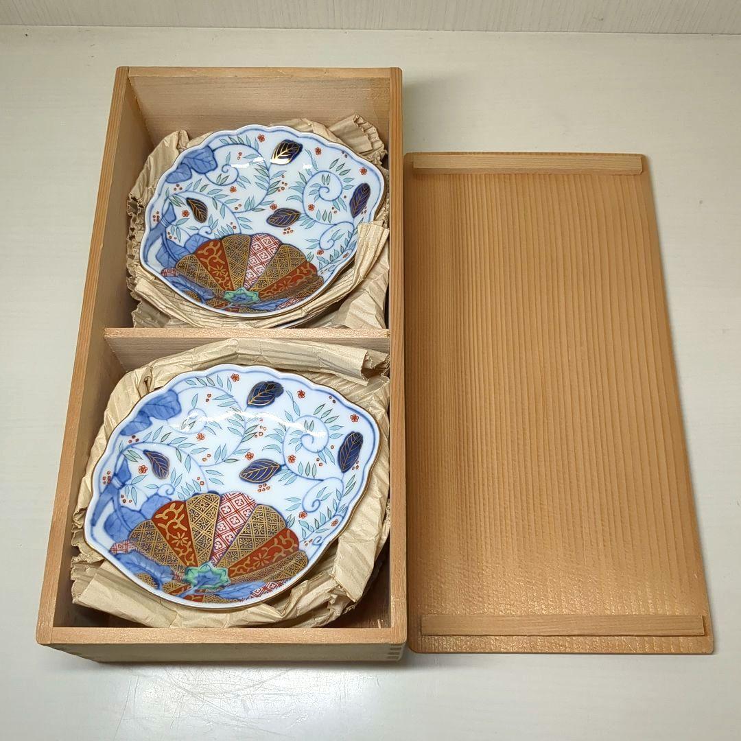 賞美堂　其泉窯　鮑型　金彩色絵菊花唐草紋　和皿揃　小皿揃　銘々皿５枚