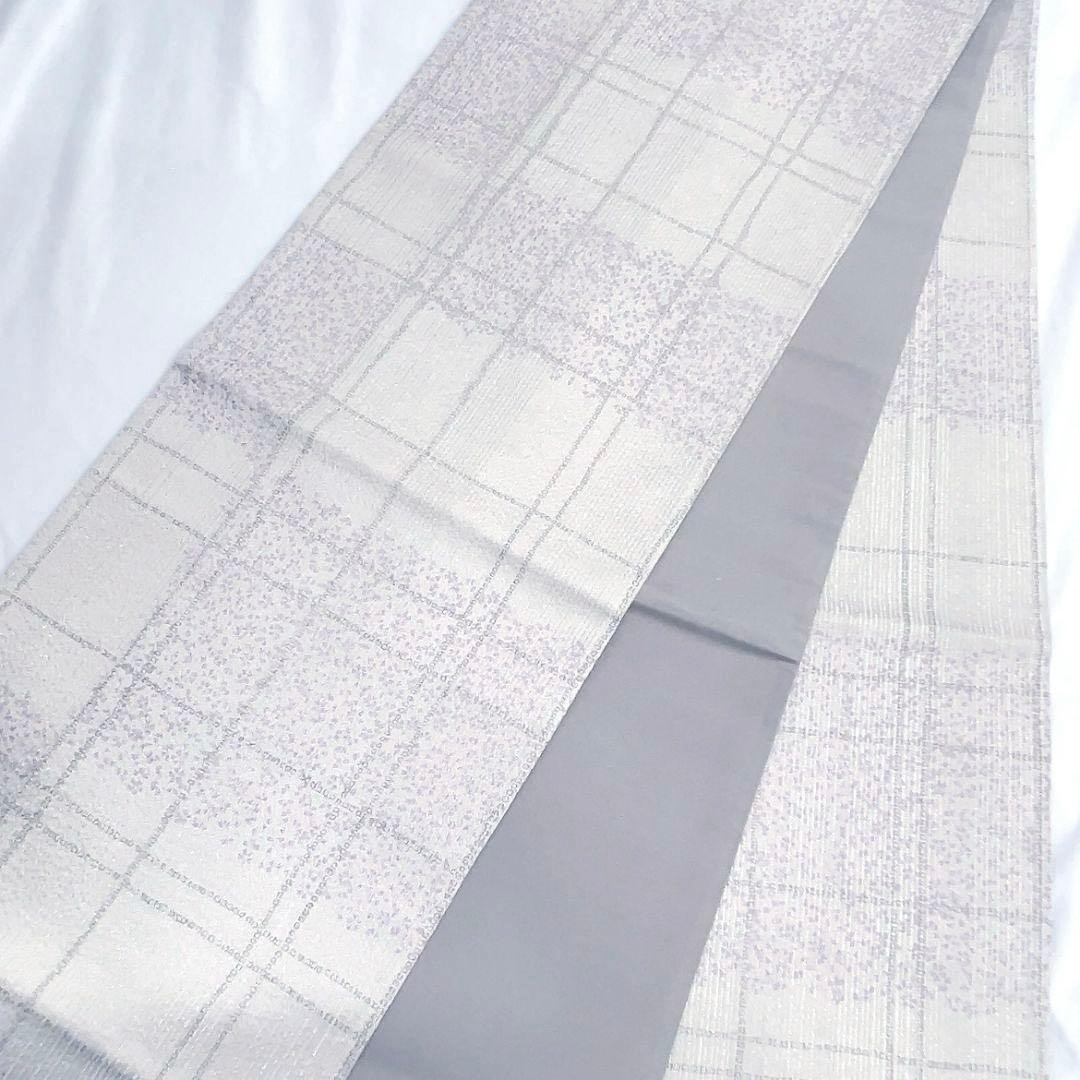 未着用　袋帯　本泥染　格子　変わり市松　銀糸　着物　091a u