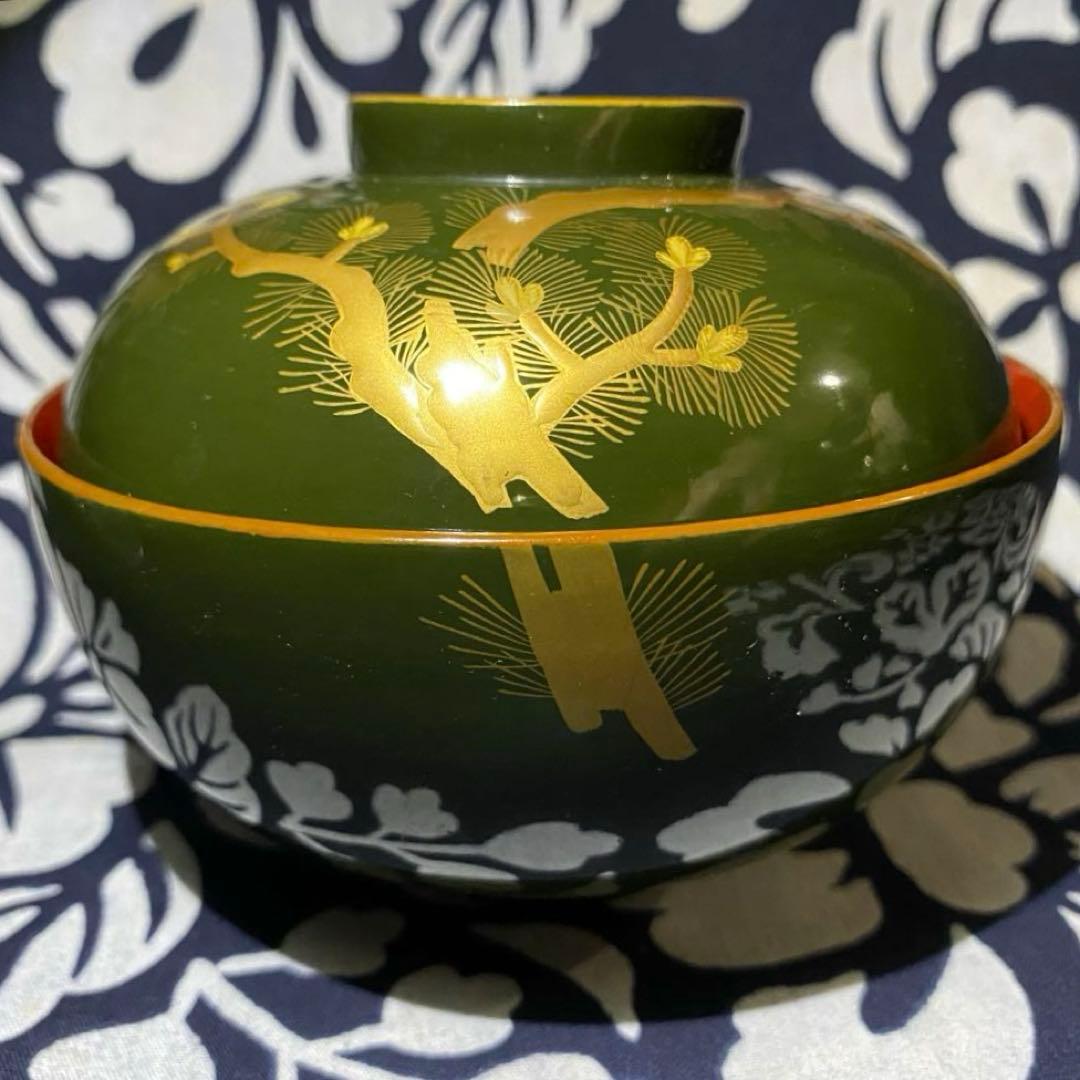 時代物骨董　大正以前　青漆吸物椀　天然木本漆　松柄金蒔絵　緑に内朱　懐石椀　五客