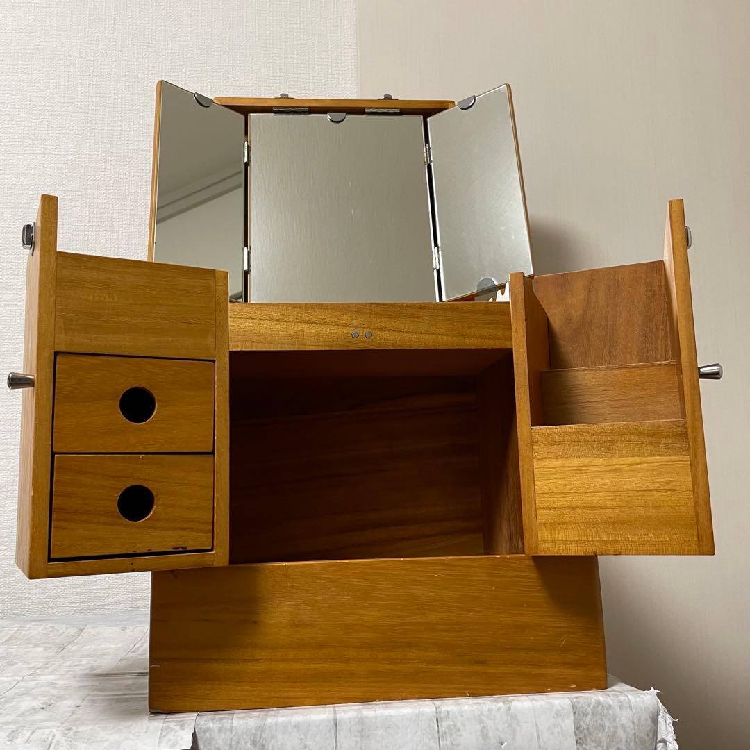 化粧箱 木目 三面鏡 木製 レトロ メイクボックス ドレッサー