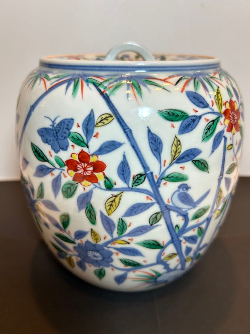 「　叶　松谷　」造　水指　吉葉色絵花鳥　共箱有り　茶道具　清水焼