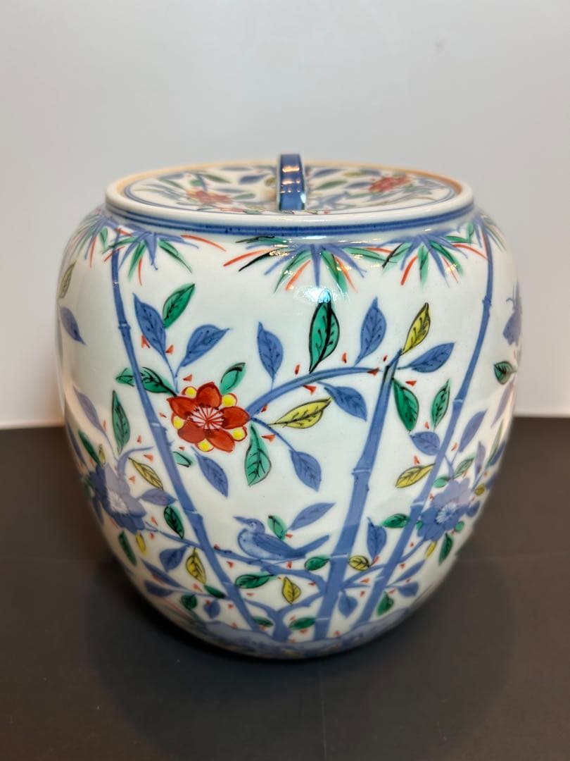 「　叶　松谷　」造　水指　吉葉色絵花鳥　共箱有り　茶道具　清水焼