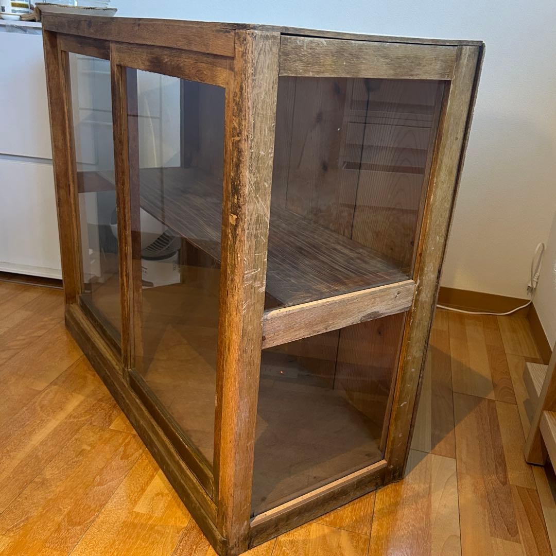 古家具 ガラス ショーケース 天然木 シェルフ 棚 古材
