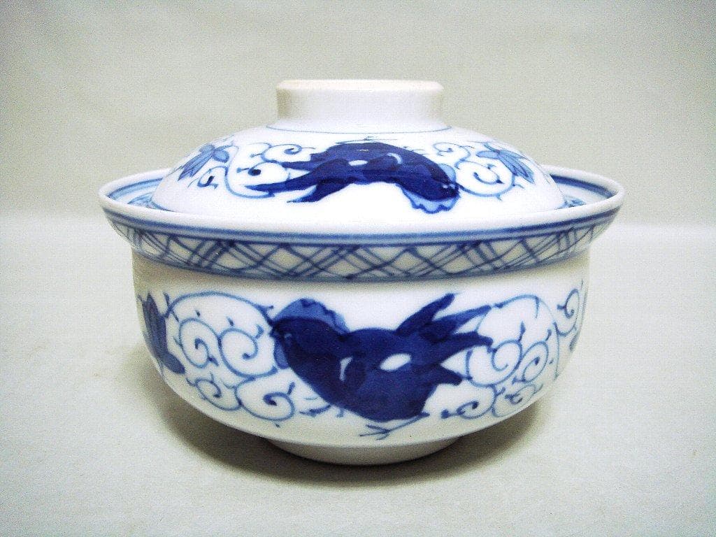 929『染付 鶏 蓋茶碗』　/骨董品 古美術 アンティーク 古玩