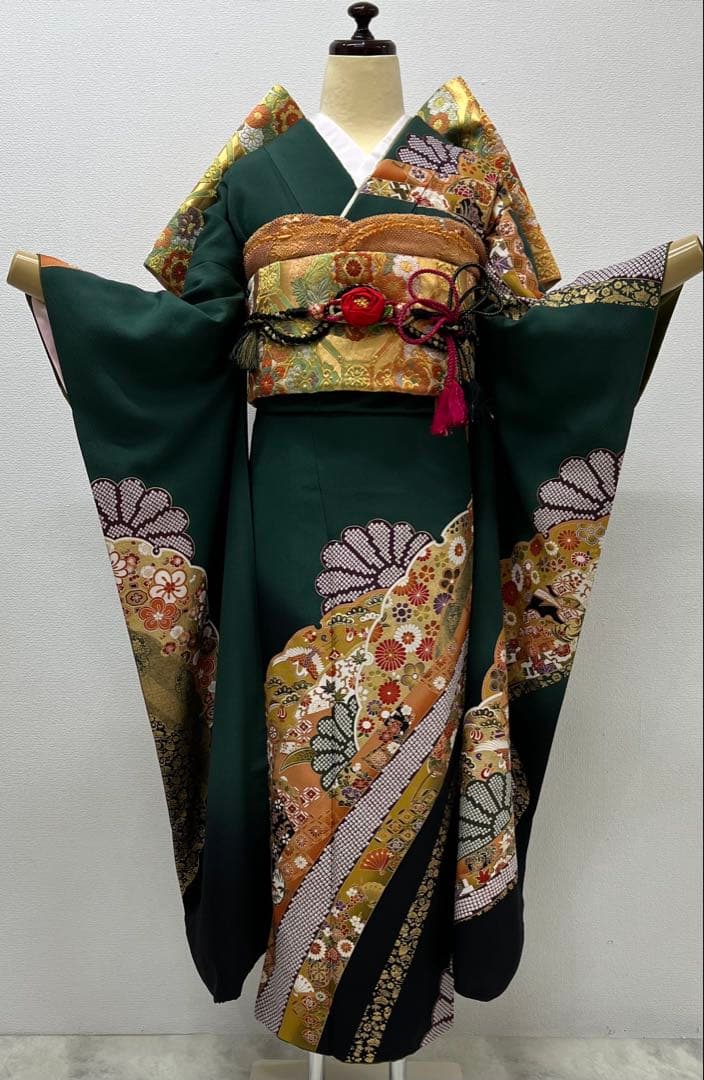 振り袖　フルセット　長襦袢付　金彩加工　振り柄有　成人式　美品　699