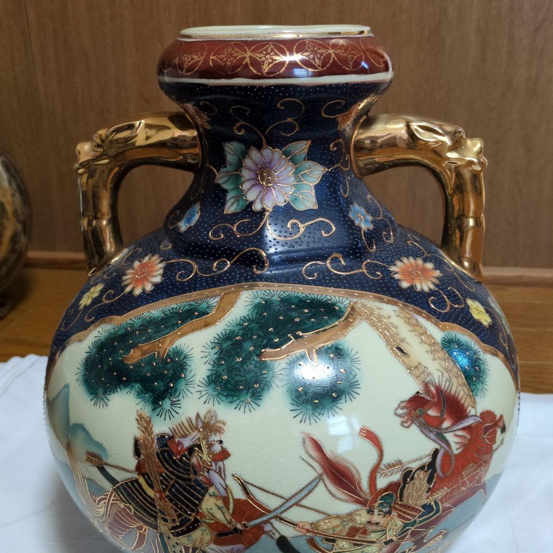 色絵金彩 人物文 双耳壺 花瓶 飾壺 九谷焼風 古美術 骨董
