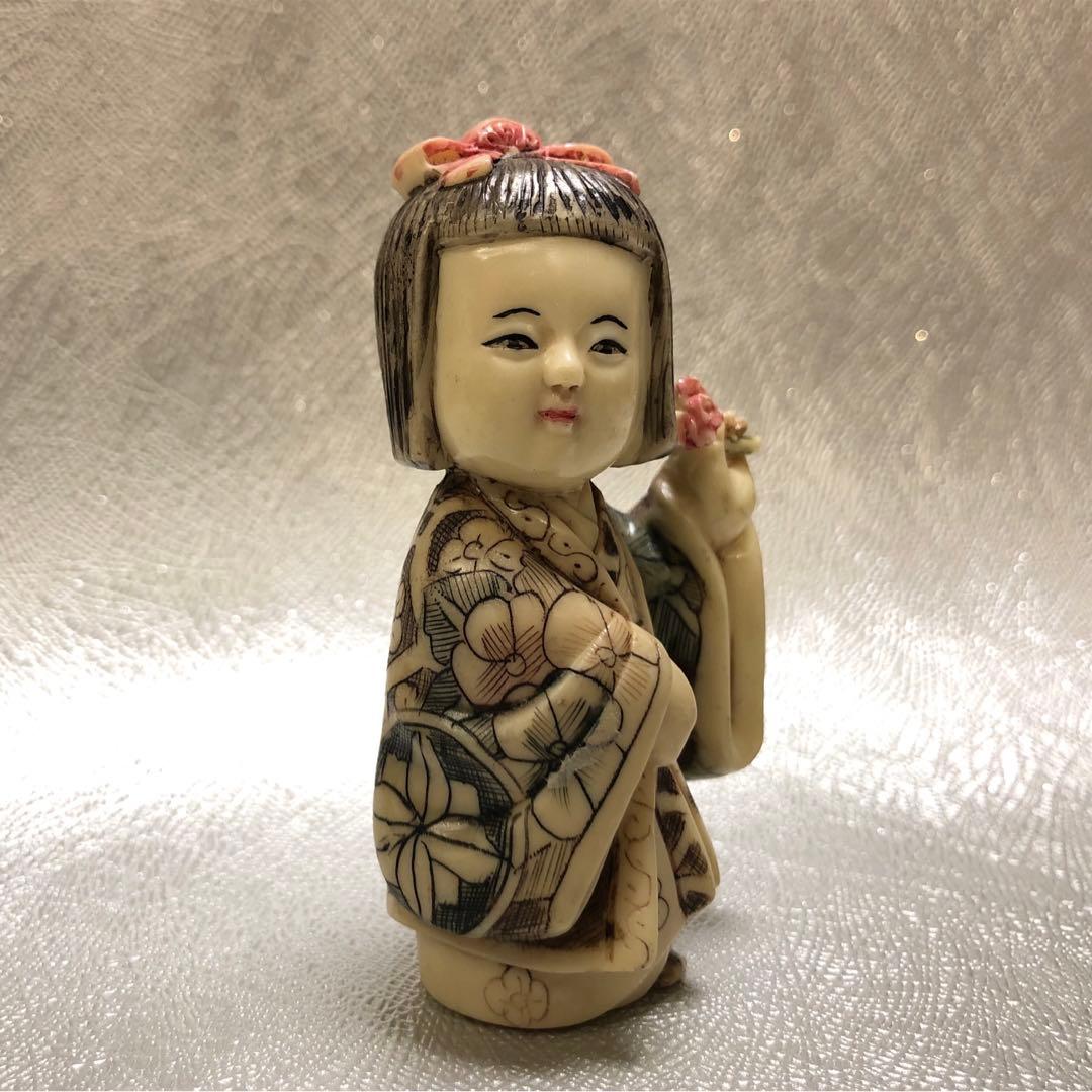 時代根付　刻印有　置物　おかっぱの女の子　縁起物　アンティーク　天然素材