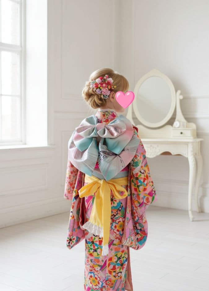 アンティークピンクの着物とキラキラ作り帯セット