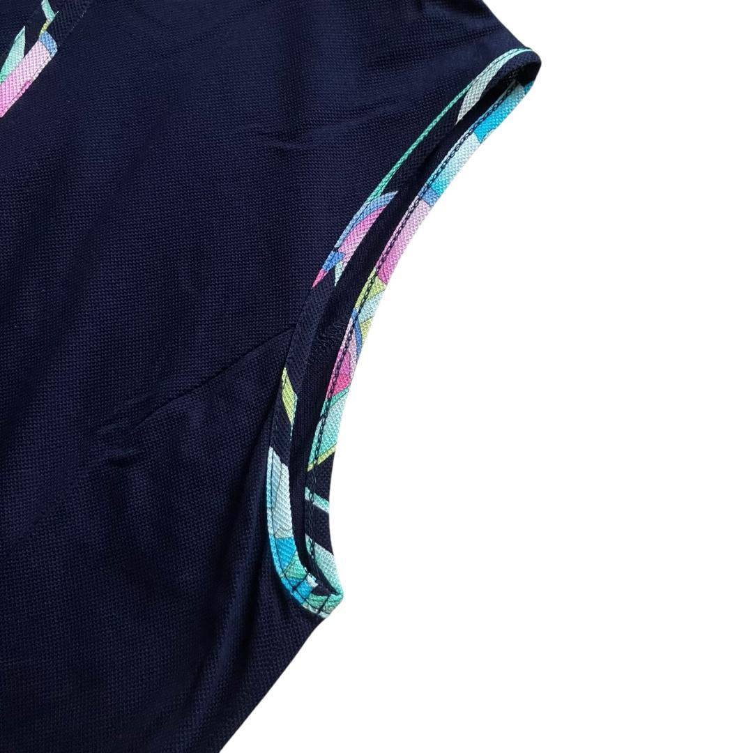 美品 レオナール ジップアップ ノースリーブワンピース トリム ネイビー 40