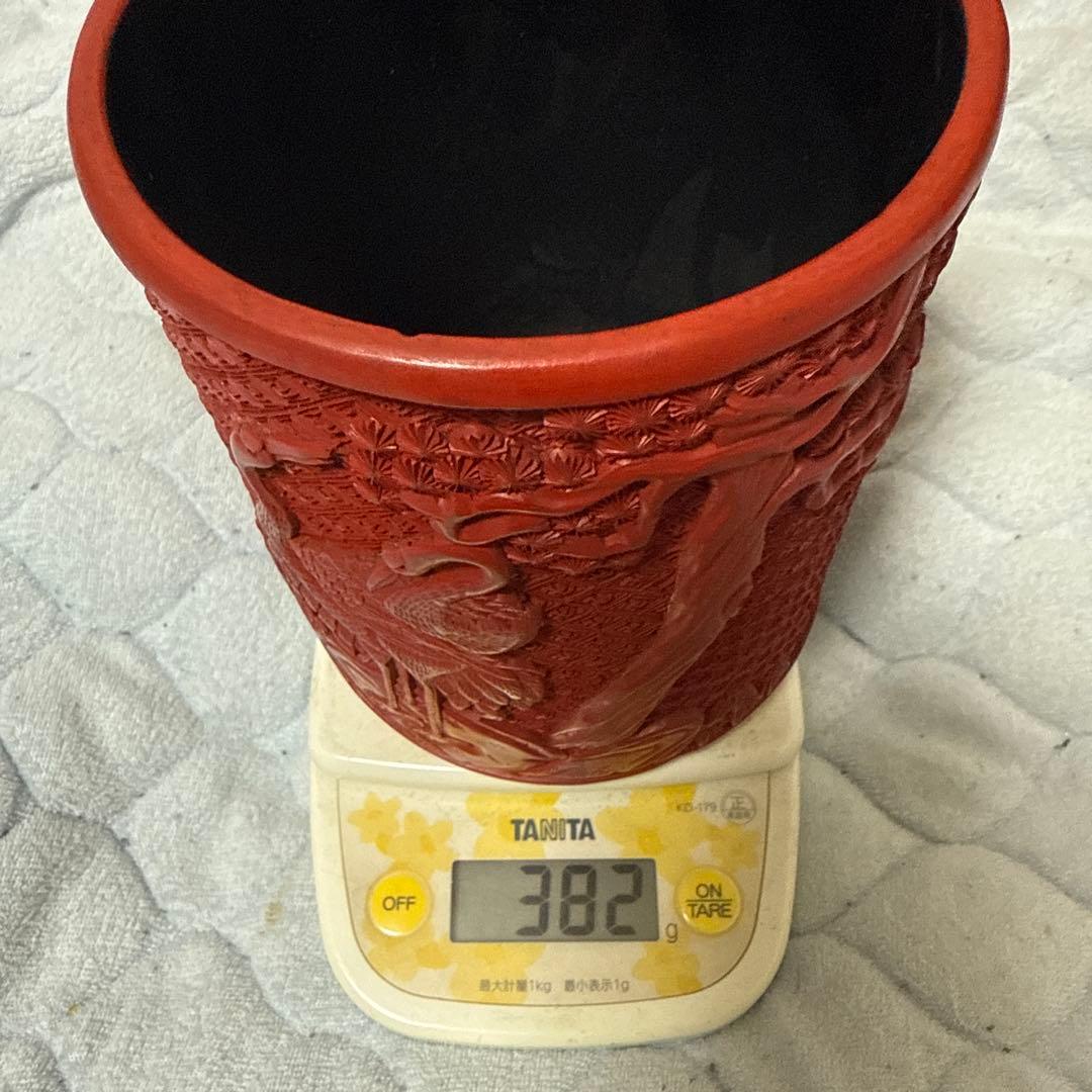 中国美術堆朱彫刻鶴図木製筆立本物保証古唐物／彫漆／堆朱／花紋／煎茶道具／書道具