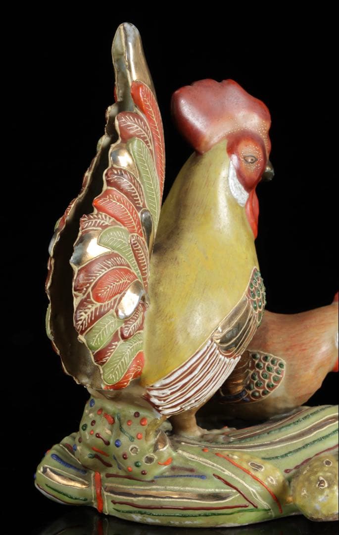 九谷焼 色絵金彩 酉 置物 木箱付 鶏 鳥 縁起物 吉祥 開運 古美術品 骨董品