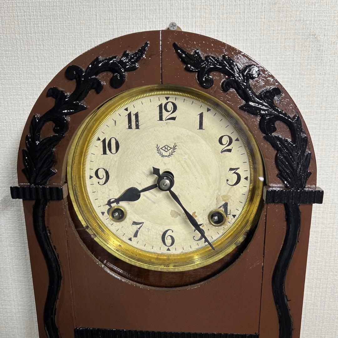 振り子時計Nマーク日本時計ゼンマイ掛け時計柱時計ボンボン時計古時計　稼働品