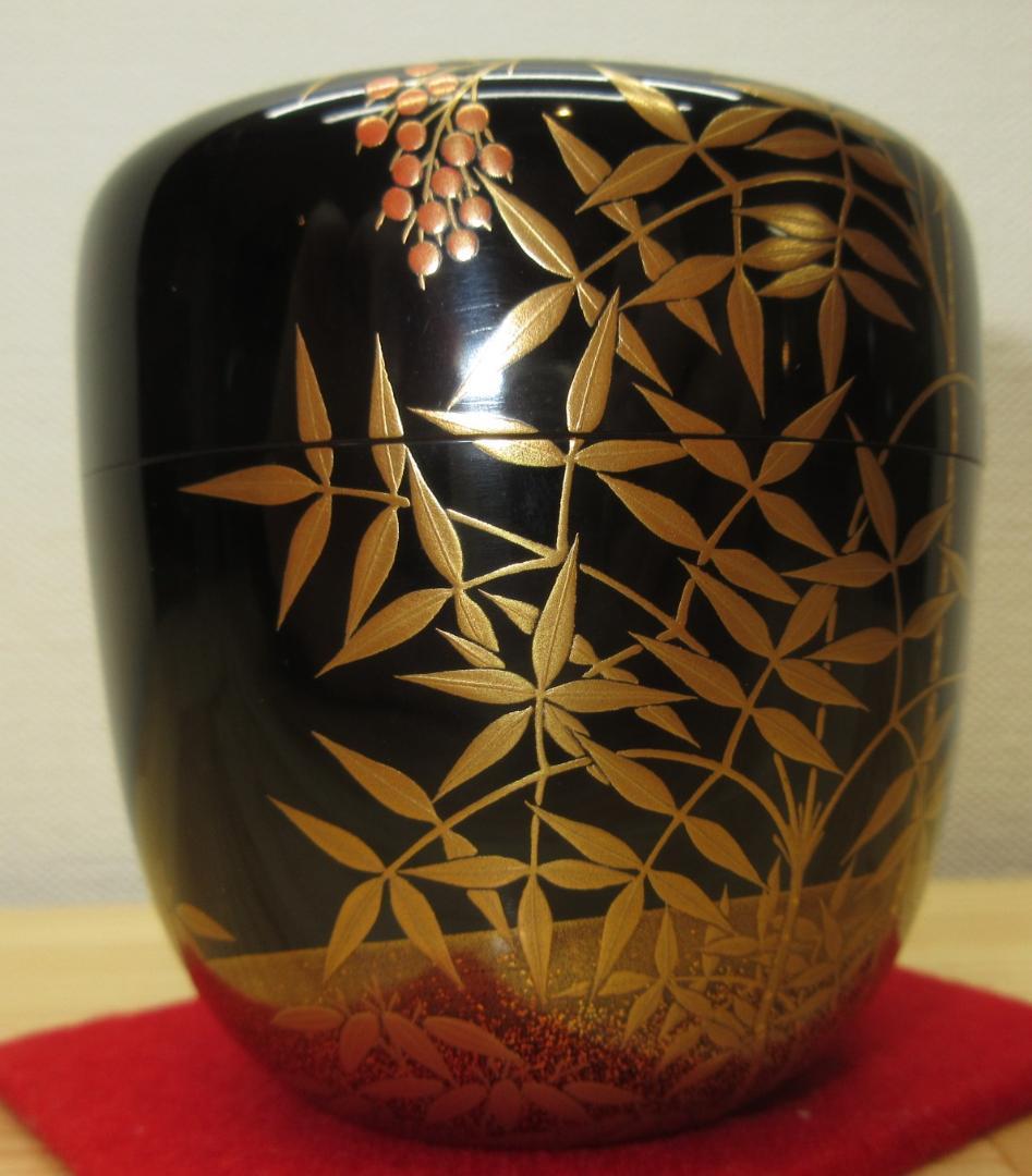 送料込【逢絢亭】茶道具 大棗 南天蒔絵 宗偏流書付 真塗 漆匠 松寛作 共箱入り