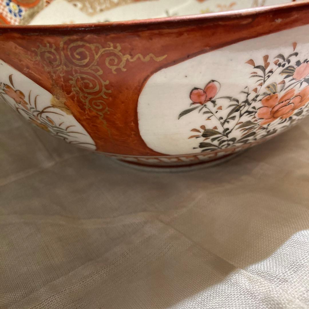 九谷焼　細密赤絵金蘭手　花鳥文　中鉢