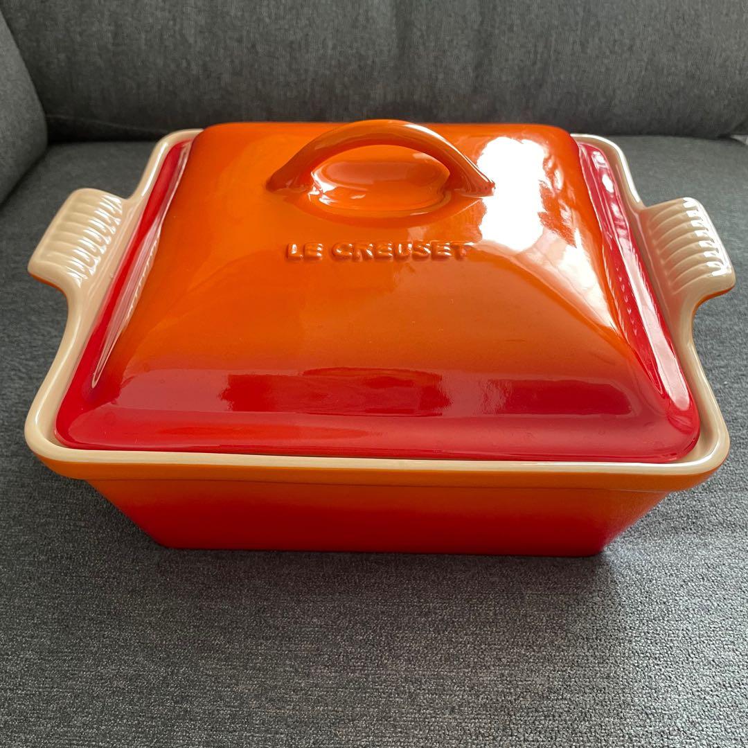 ル・クルーゼ　ヘリテージ 蓋付 スクエア キャセロール オレンジ