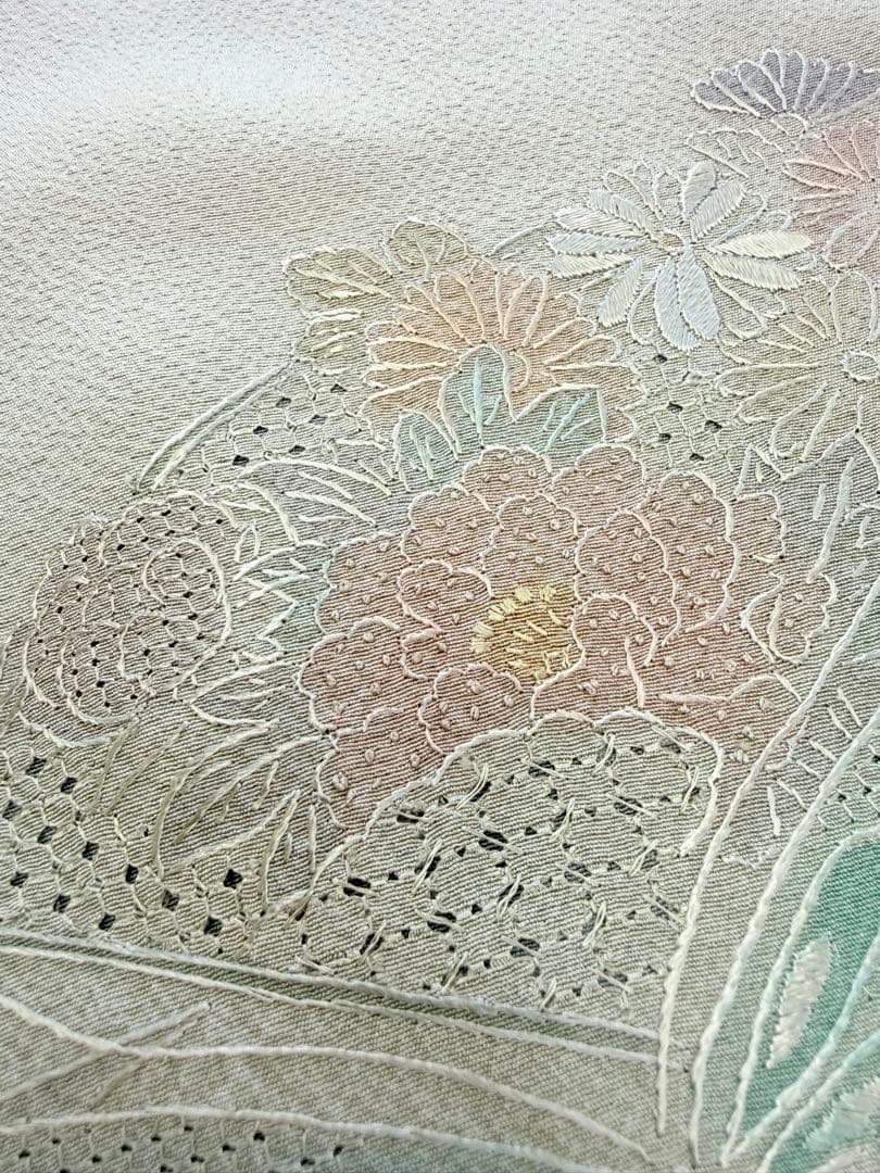 高級 訪問着 正絹 袷 汕頭刺繍 スワトウ 中国刺繍 グリーン 暈し染め