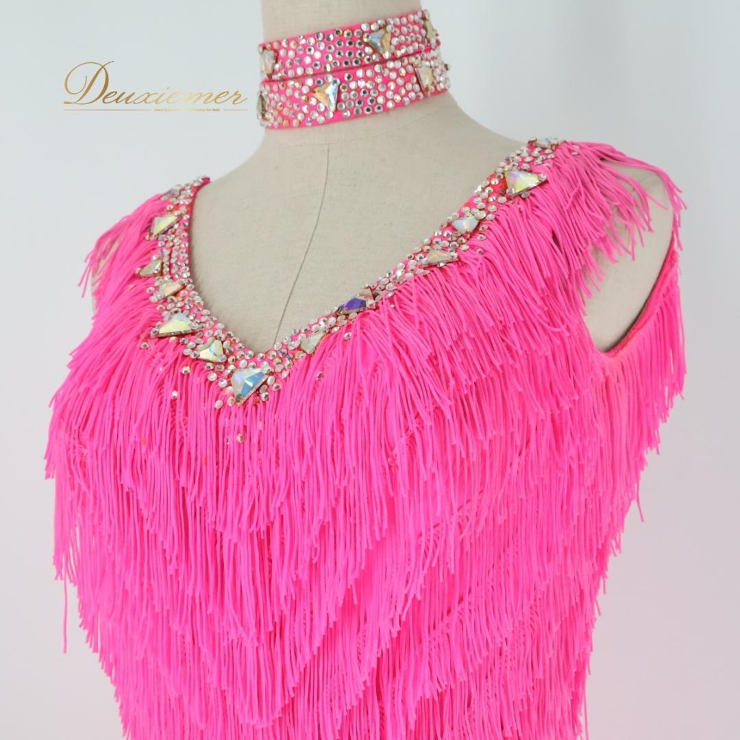 【社交ダンス衣装】ピンク ラテン ドレス ワンピース フリンジ 蛍光 デモ 競技