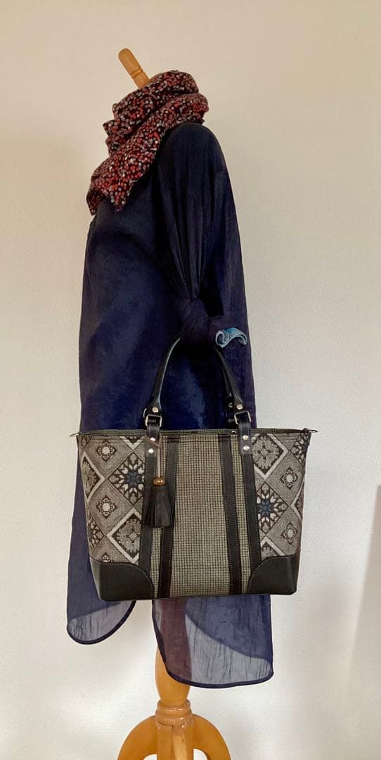 龍郷 大島紬 ×本革 着物リメイク トートバッグ 和装バッグ ハンドメイド Ａ4