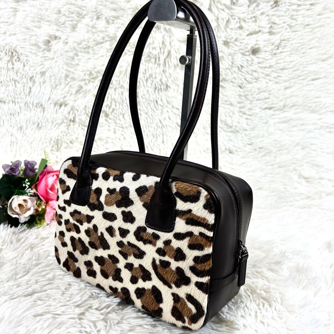 美品✨ 濱野皮革工藝 ハラコ レザー ハンドバッグ レオパード 皇室御用達 茶