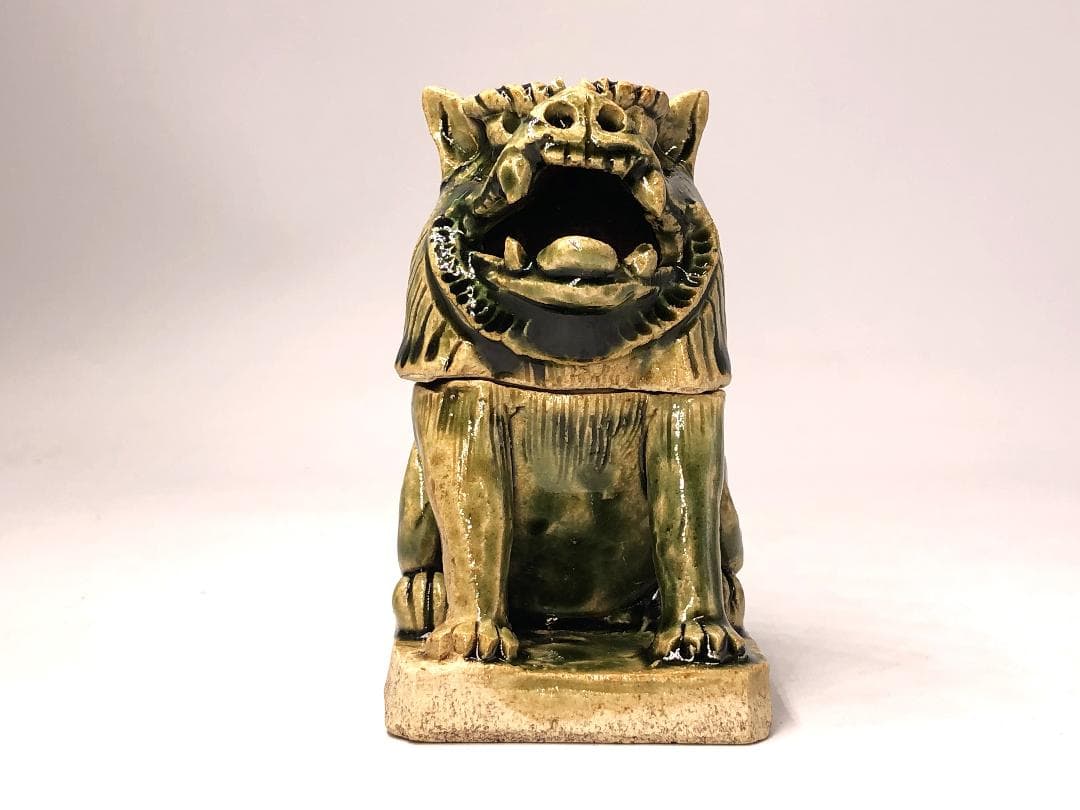 【 織部獅子香炉 】　骨董　漆塗箱付き