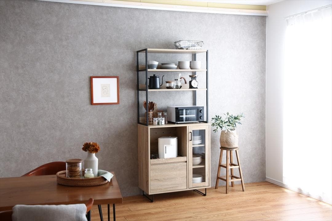 【送料無料】【幅80cm】オープン棚 キッチン収納 ガラス扉 レンジ