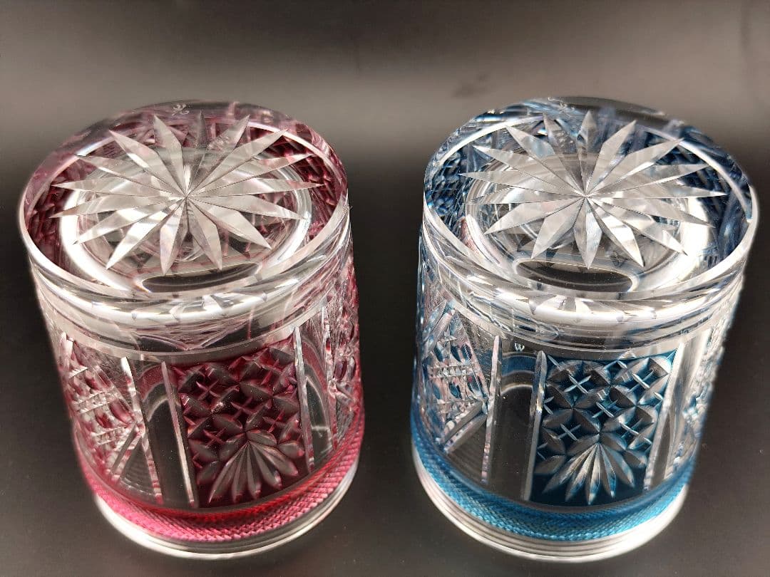 【極希少】復刻薩摩切子 第一人者 阪本光男 作 ペアロックグラス 刻印あり