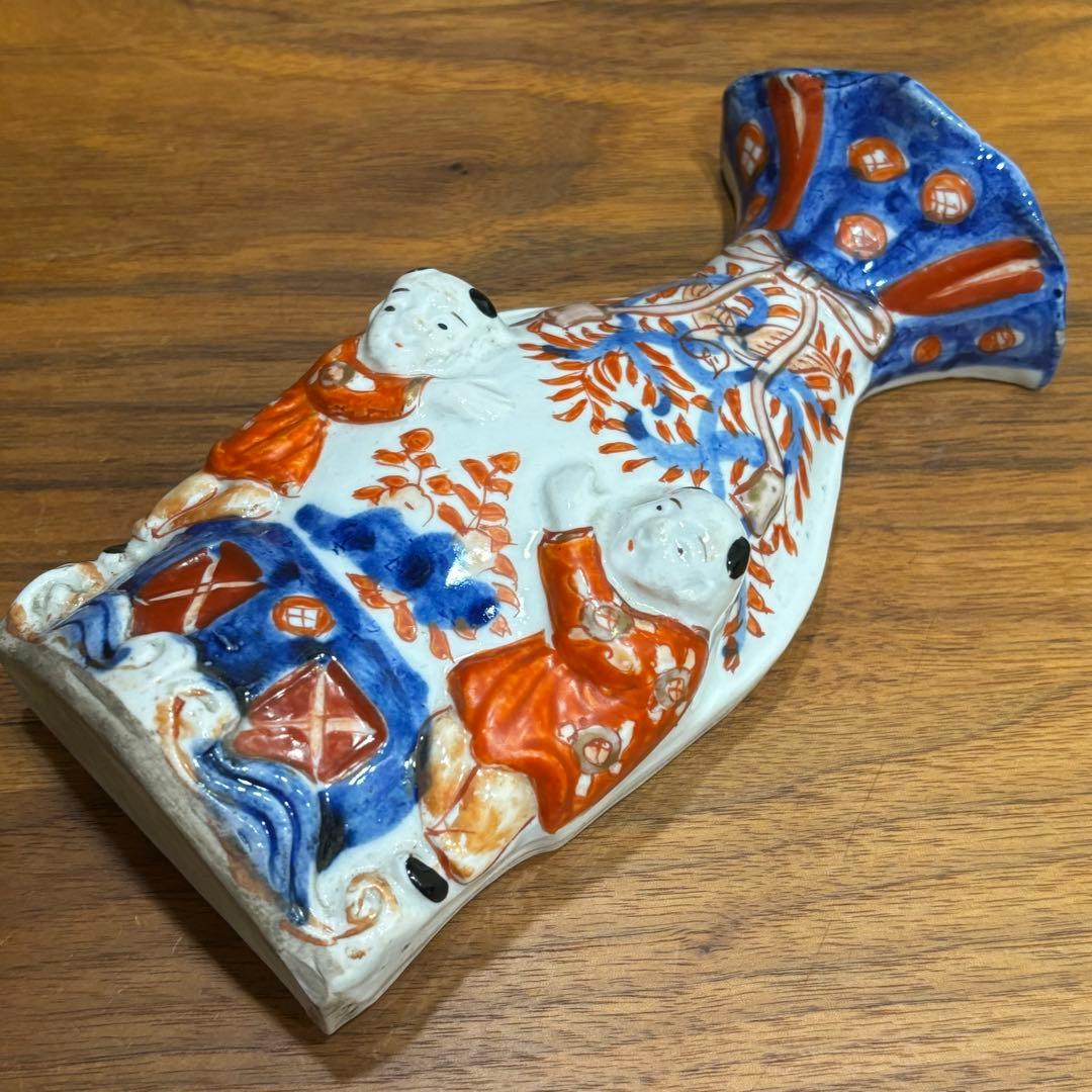 江戸時代　古伊万里　赤絵　唐子　掛け花入　花瓶　花器