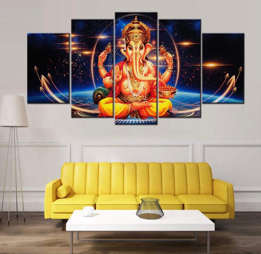 置物 5-piece Ganesha multi-panel canvas art.