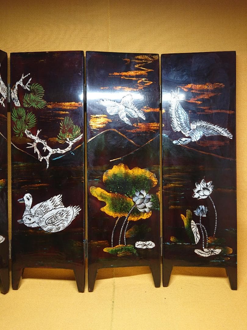 屏風　螺鈿細工　山水花鳥画　漆塗　置物　インテリア　工芸品　美術品　A2866