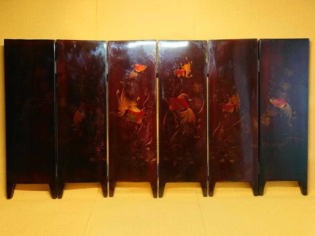 屏風　螺鈿細工　山水花鳥画　漆塗　置物　インテリア　工芸品　美術品　A2866