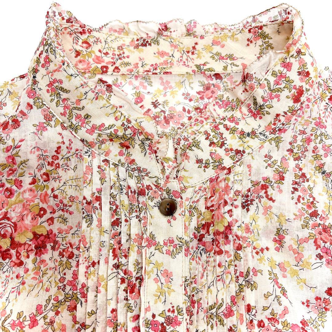 美品 Leilian レリアン コットンリネン 花柄 ピンタックブラウス 13＋
