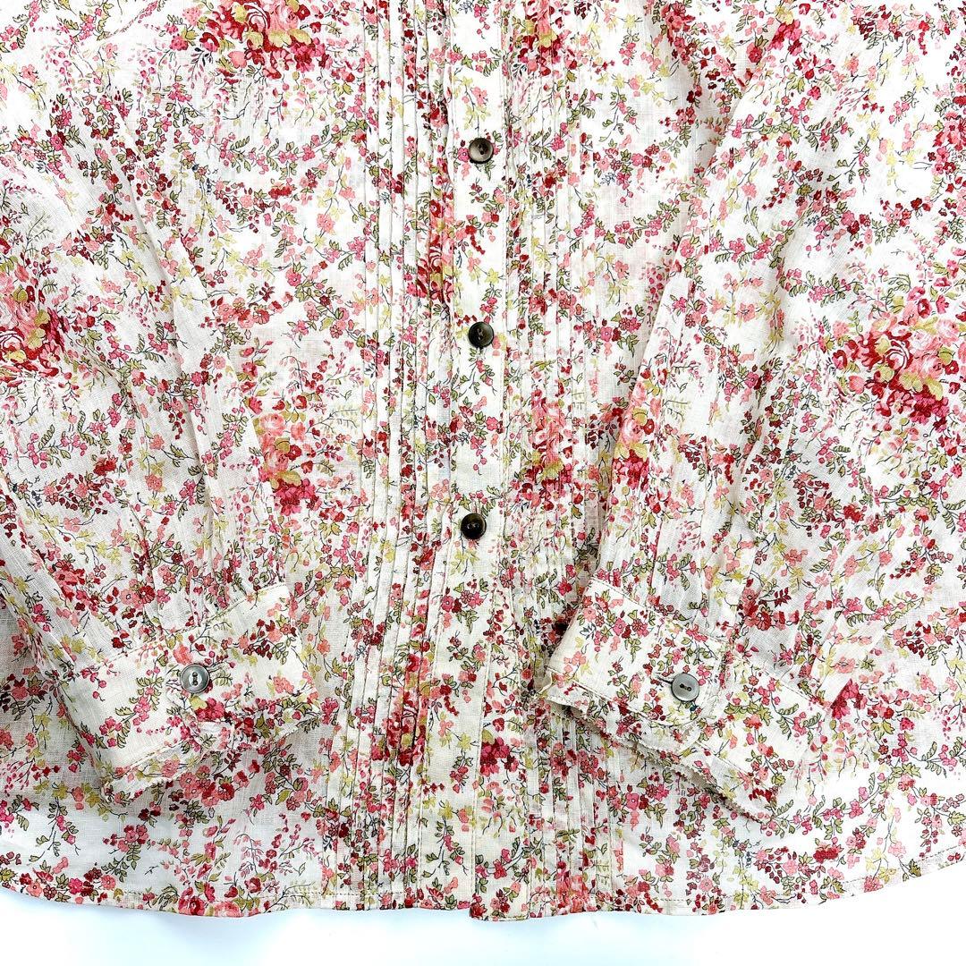 美品 Leilian レリアン コットンリネン 花柄 ピンタックブラウス 13＋